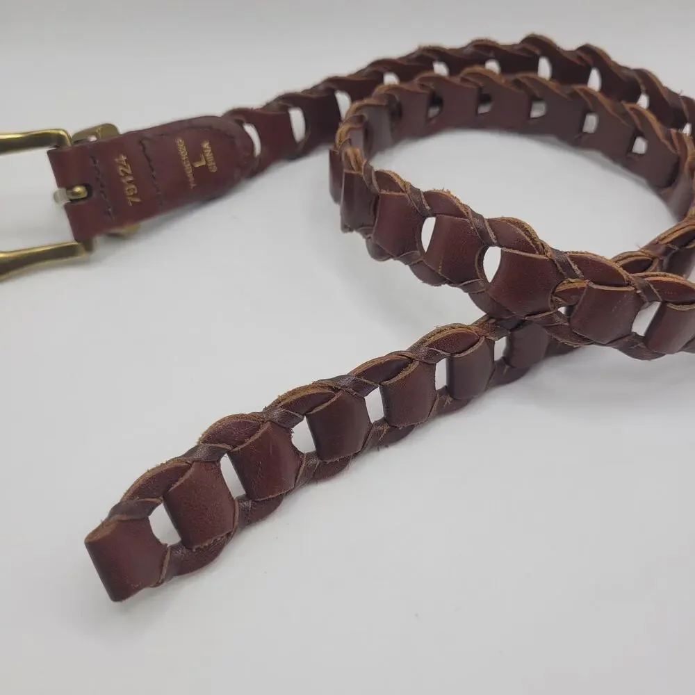 Brown Leather Belt Womens Large Braided Woven Brass Buckle Boho Hippie Western